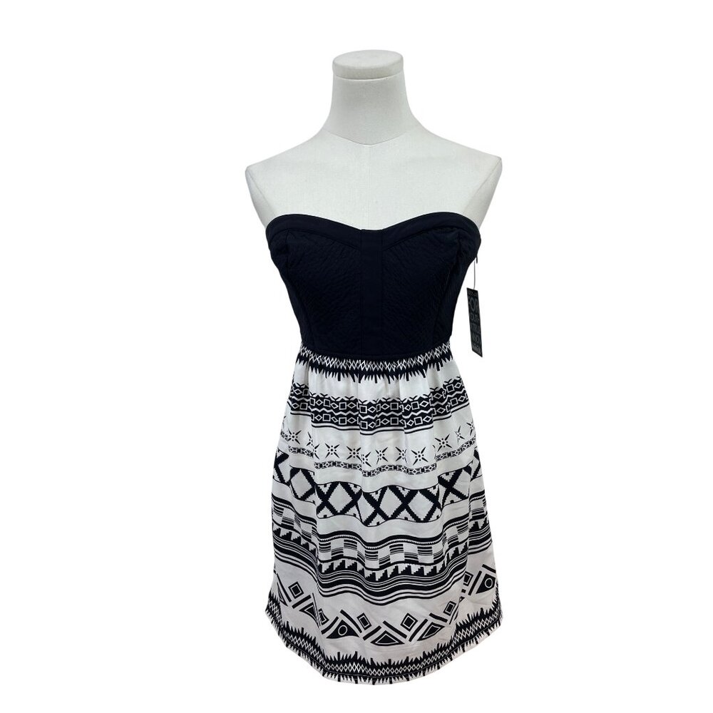 Hurley Women Strapless Black & White Aztec Print Smocked Back Dress Sz XS - New